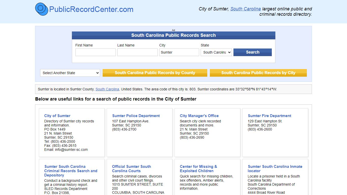 Sumter, South Carolina Public Records and Criminal Background Check