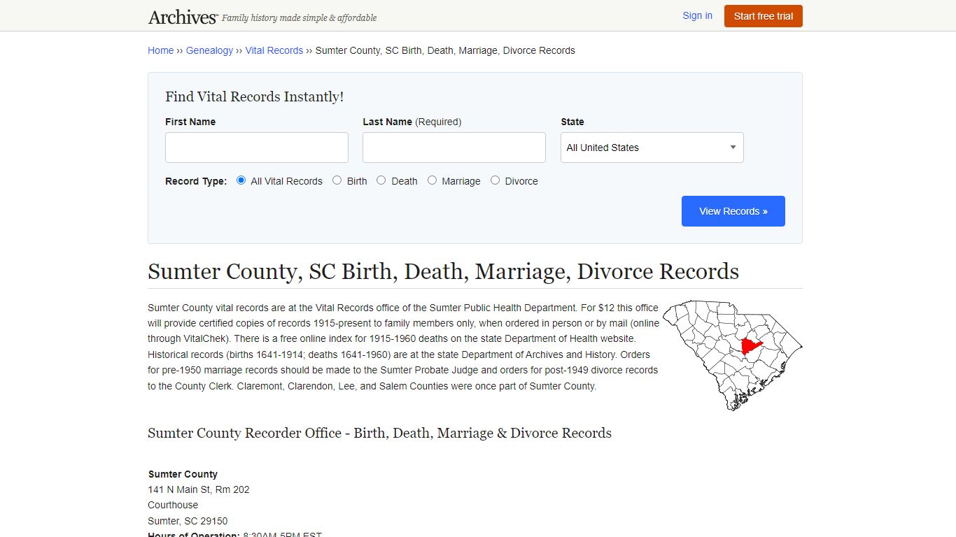 Sumter County, SC Birth, Death, Marriage, Divorce Records - Archives.com